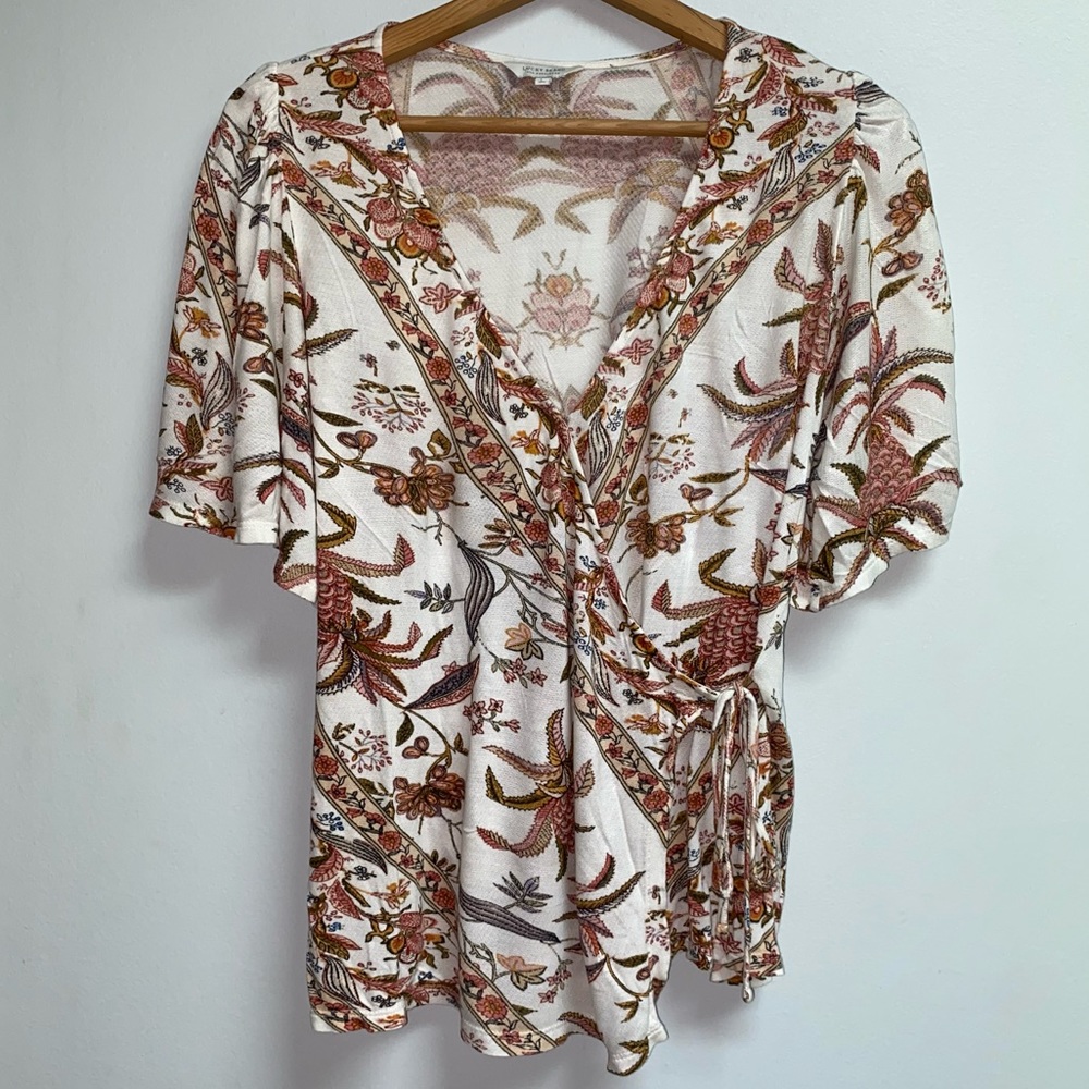 Lucky Brand Floral Wrap Blouse - White and Brown
